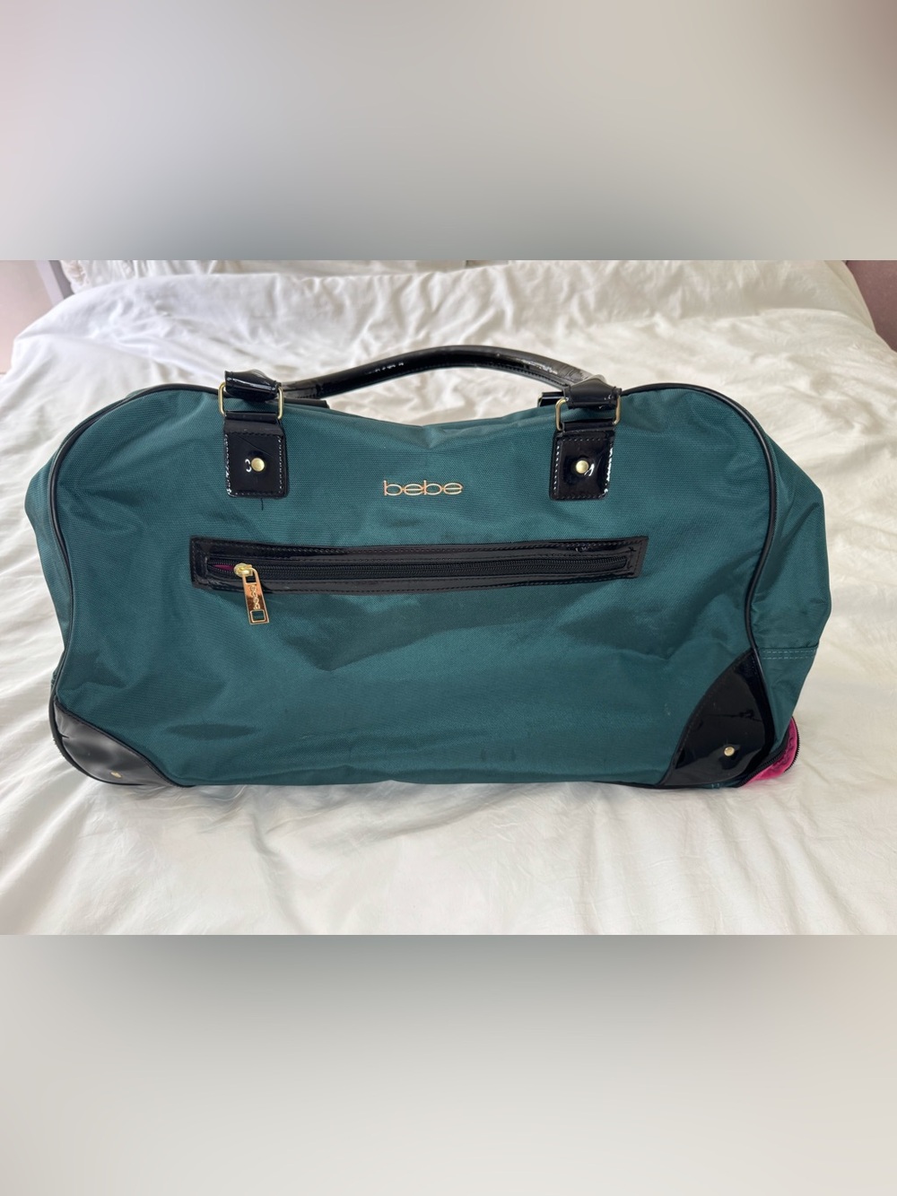 bebe Teal Roller Tote and Gold Hardware and Pink Interior with Hidden Handle